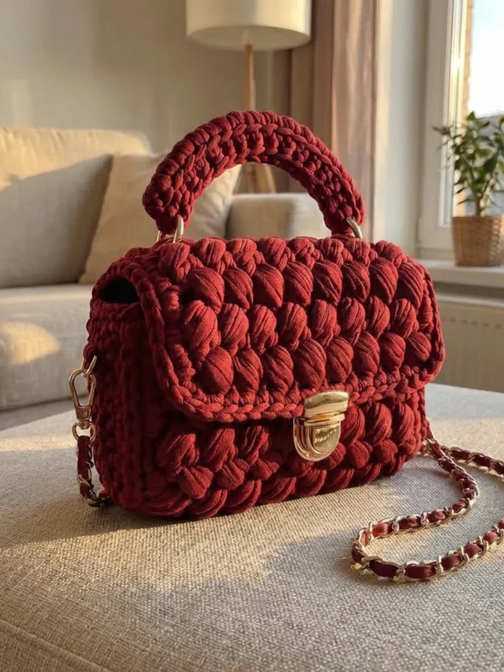 NWT Handmade Knit Braided Red Top-Handle Crossbody Bag
